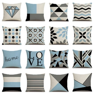 Grid view showing 16 various geometric and floral pattern square pillow cases in blue and grey