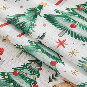 Christmas tree printed semi-blackout curtains with festive red ornaments and gold stars