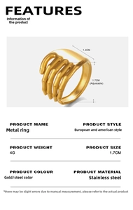 Detail showing the 1.7cm adjustable size and 4g weight of this golden stainless steel ring