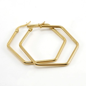 Polished gold hexagonal geometric hoop earrings made of high-quality stainless steel