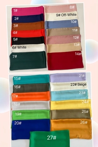Detailed grid of 27 colors of 70x70cm satin silk square scarves with smooth glossy finish