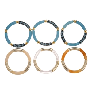 Set of 6 acrylic tube beaded bracelets with blue leopard print and golden metallic accents