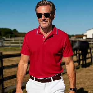 Detail of red men's polo shirt with striped collar trim and three-button placket
