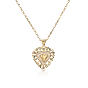 Gold heart pendant necklace with multi-color stones and micro-pave crystals on white background