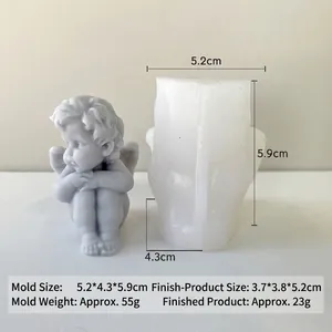 Silicone angel candle mold with finished plaster figure showing specific dimensions