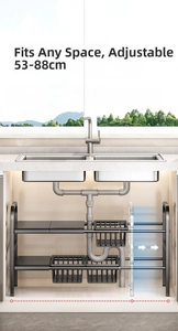 Kitchen under-sink organizer with adjustable width from 53 to 88cm for pipe clearance