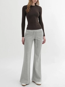 Slim fit long sleeve crew neck top in dark brown with grey wide leg drawstring pants