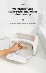 Detail of white PU wash bag with transparent window and mesh pocket on bathroom sink