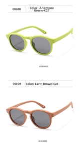 Vertical view of flexible silicone kids' round sunglasses in green and brown finishes