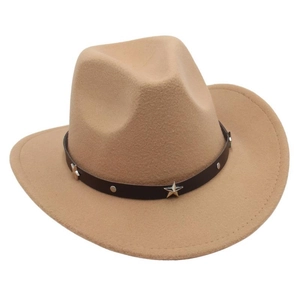Detail of camel wool felt fedora hat featuring star-studded brown leather band