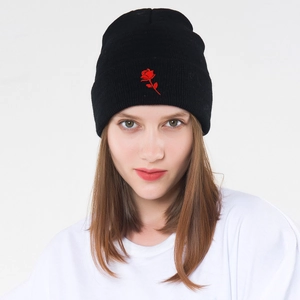 Women Rose Embroidery Knitted Beanie Hat Acrylic Warm Winter Autumn Casual Fashion Black