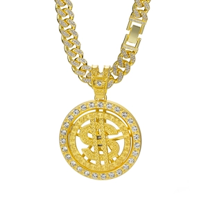 Hip hop men's spinning dollar sign necklace with sparkling crystals on gold Cuban chain