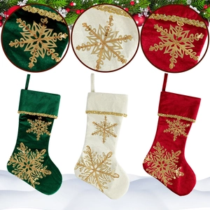 Set of 3 velvet Christmas stockings in red white and green with gold sequin snowflakes