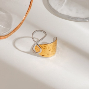 Hammered gold and silver two-tone stainless steel adjustable open ring for women