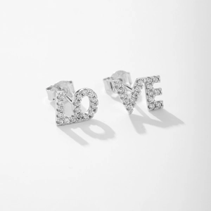Sparkling S925 silver LOVE stud earrings with micro-paved white zircon stones