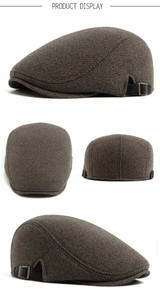 Multi-angle view of vintage plaid beret with leather strap and metal buckle detail