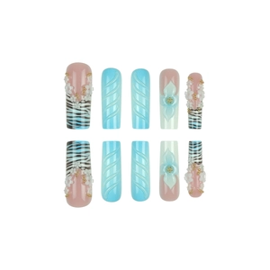 3D floral press-on nails in blue and pink with zebra patterns and sparkling rhinestones