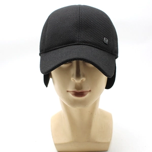 Winter men's outdoor baseball cap with ear flaps in black textured warm fabric