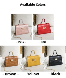 Detailed view of crocodile pattern Kelly bags in five colors with metal chain straps