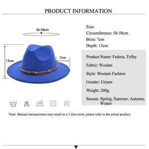 Royal blue wool fedora jazz hat with 7cm wide brim and 56-58cm circumference specs