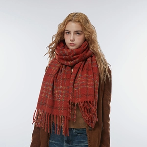 Maillard brown plaid scarf with frayed edges and soft red fringe for winter warmth