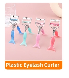 Detail of four colorful mermaid-style eyelash curlers with ergonomic plastic handles