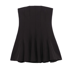 Strapless Tube Top Mini Dress Polyester High Waist Pleated Flared Hem Solid Color Elegant Sexy Women