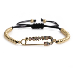 Verstellbares goldenes MOM-Armband mit buntem Zirkon-Sicherheitsnadel-Anhänger
