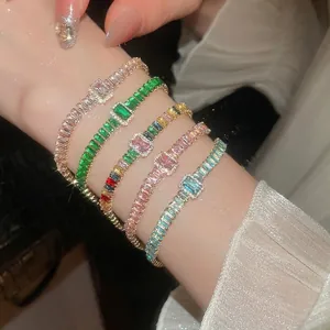 Elegante Bracciale Tennis Per Donna Con Zircone Lucido Taglio Rettangolare Geometrico Gioielli In Rame Festa