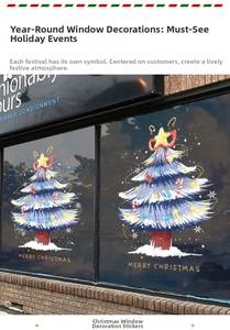 Detailed view of blue Christmas tree window sticker with Merry Christmas text on glass