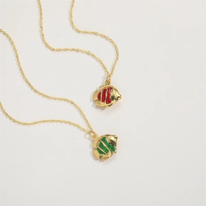 Tropical fish pendant necklace set with colorful red and green enamel on gold chains