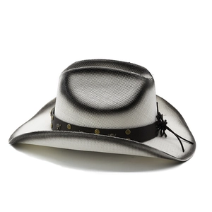Close-up of a white and grey gradient cowboy hat with leather band and metal rivets