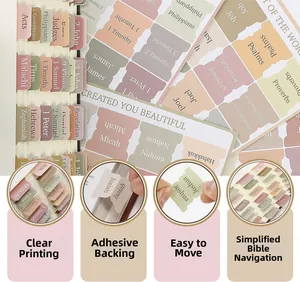 Macro detail of pre-cut Morandi Bible index tabs with waterproof self-adhesive backing