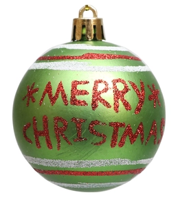 Detail of green Christmas ball ornament with red glitter Merry Christmas text and stripes