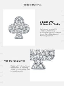 Macro detail of S925 silver clover stud earring with VVS1 D-color moissanite stones