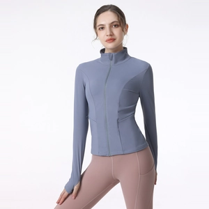 Veste de sport femme coupe ajustée avec col montant zippé et passe-pouces en bleu gris
