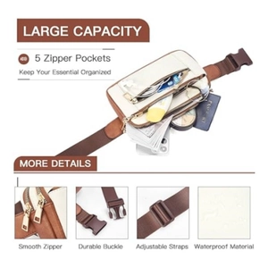 Cream white waterproof belt bag with 5 zipper pockets and adjustable straps for travel