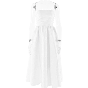 Elegant white strapless tube maxi dress with front tie, shown on a mannequin silhouette