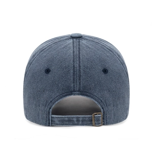 Rear view of vintage washed blue denim baseball cap with adjustable metal buckle strap