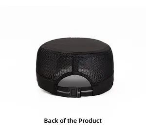 Rear view of black mesh flat top cap with adjustable strap and grey reflective strip