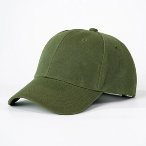 Detail of army green cotton baseball cap showing twill fabric and six-panel stitching