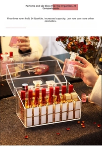Macro view of a 26-slot dustproof acrylic lipstick storage box with a clear lid