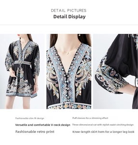 Detail of V-neckline and bohemian floral print on vintage flare sleeve mini dress