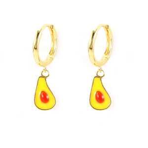 Detail of S925 sterling silver avocado fruit earrings with golden enamel finish
