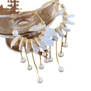 Elegant gold flower earrings with pearl tassels and white petals for women jewelry