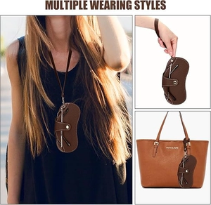 Brown litchi leather eyewear pouch showing crossbody, hand-carry, and bag charm styles