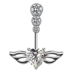 Silver belly button ring with heart-shaped zircon and wing design for body piercing