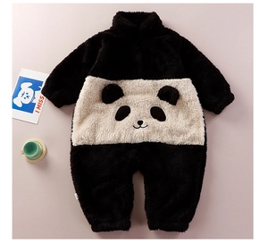 Detail of baby panda plush romper made of thick fleece fabric for winter warmth