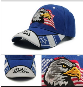 Close-up of eagle and USA flag embroidery on a blue baseball cap with high detail