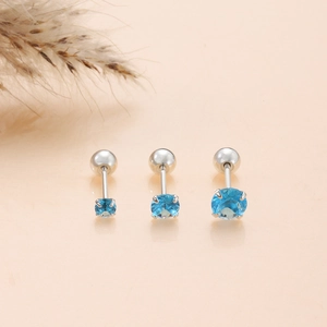 Three sizes of silver stud earrings with blue sapphire cubic zirconia in 4-prong setting